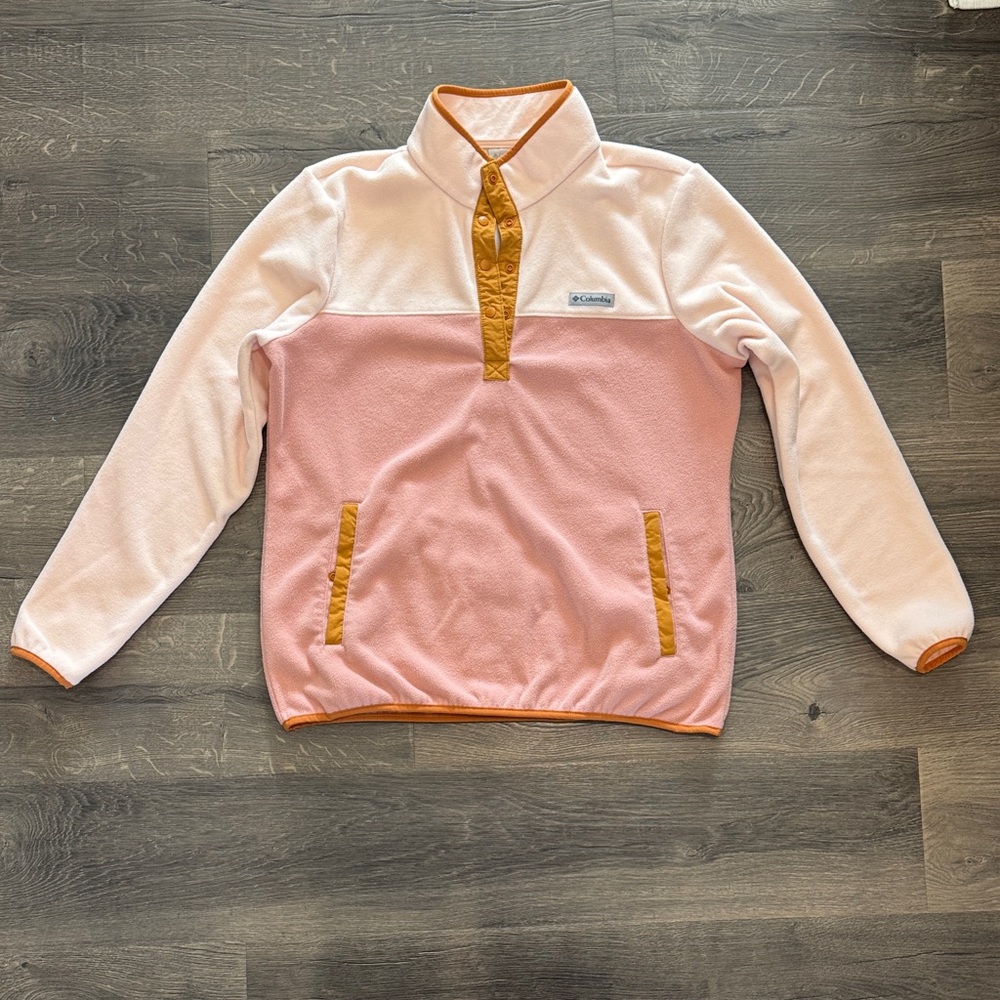 Columbia Two-Tone Pink and White Fleece Pullover with Mustard Trim